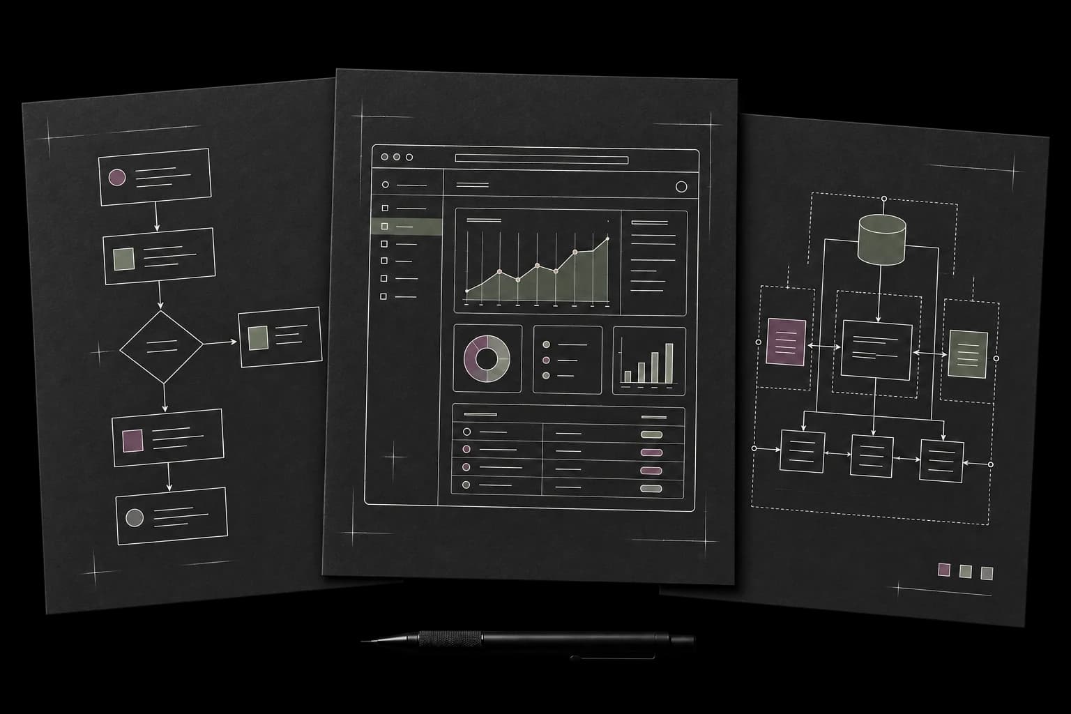Product wireframes and system architecture drawings