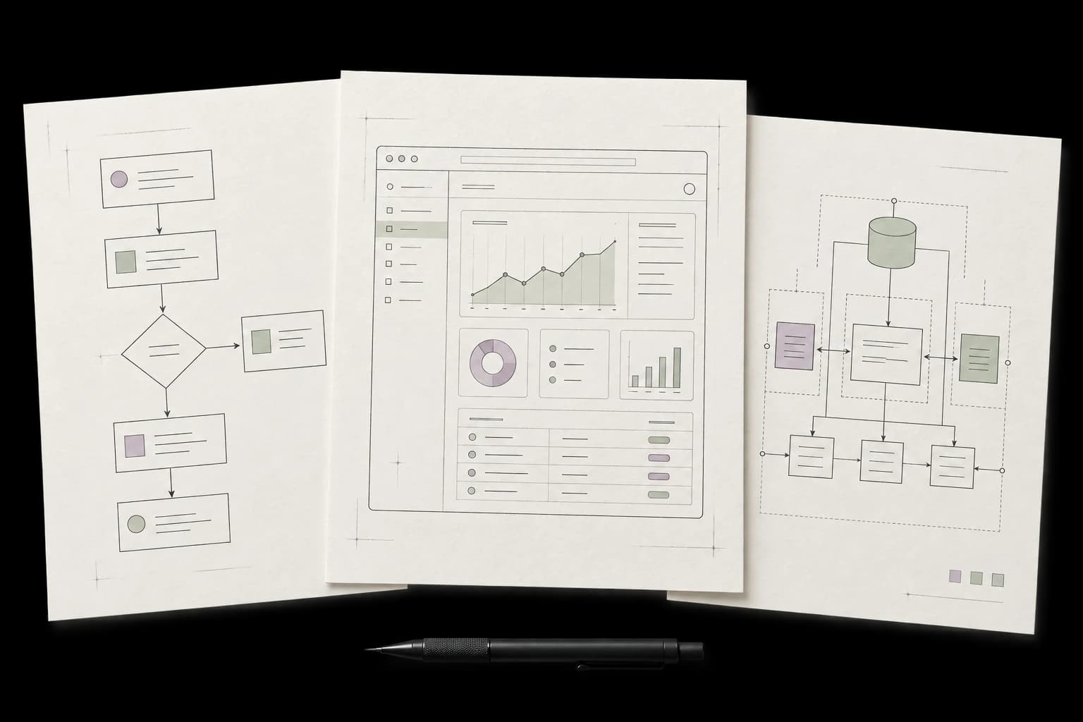 Product wireframes and system architecture drawings