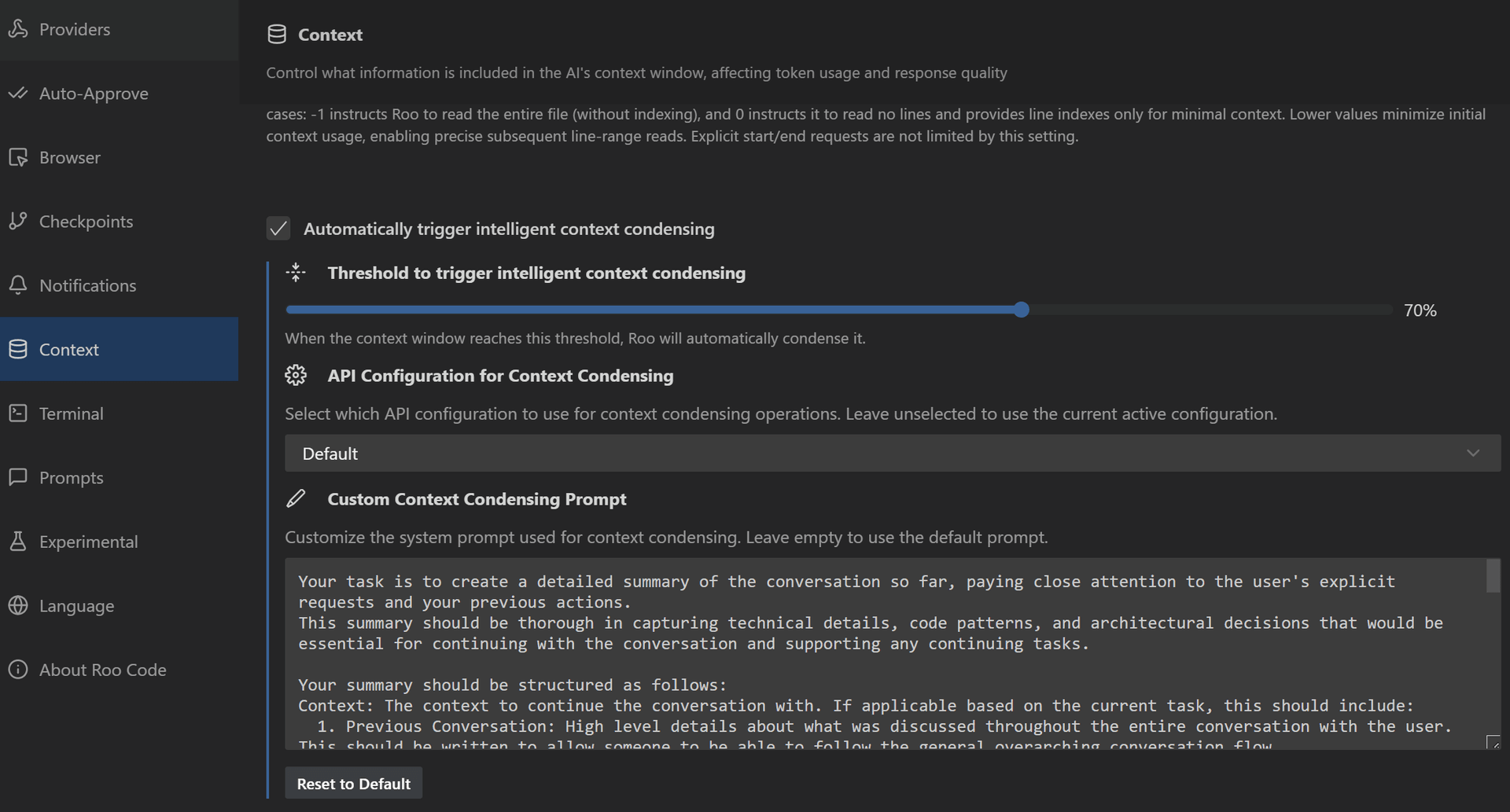 RooCode Context Condensing 設定介面